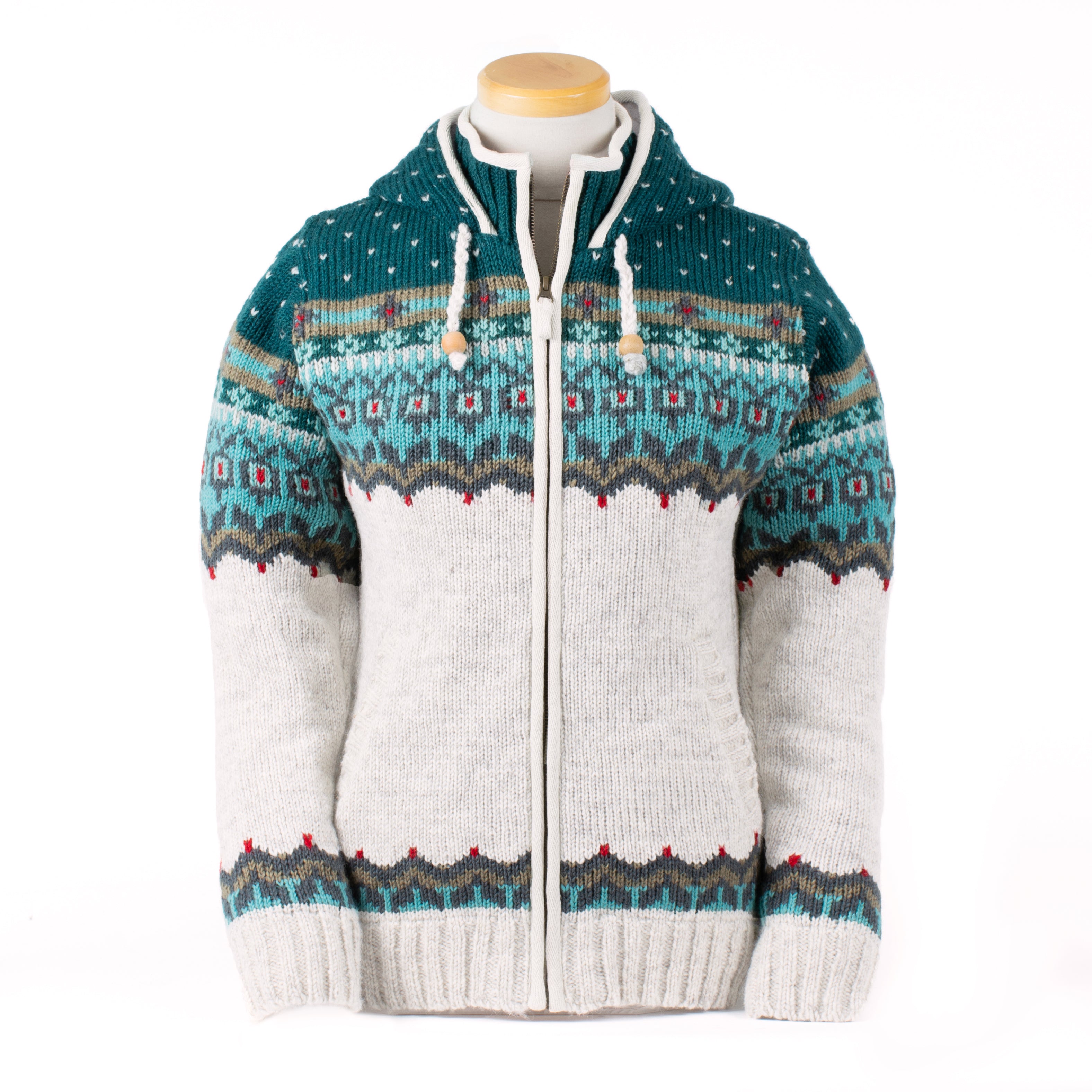 Borealis Handmade wool zip-up sweater with a teal Fair Isle yoke pattern, cream body, and drawstring hood — made in Nepal by Lost Horizons.