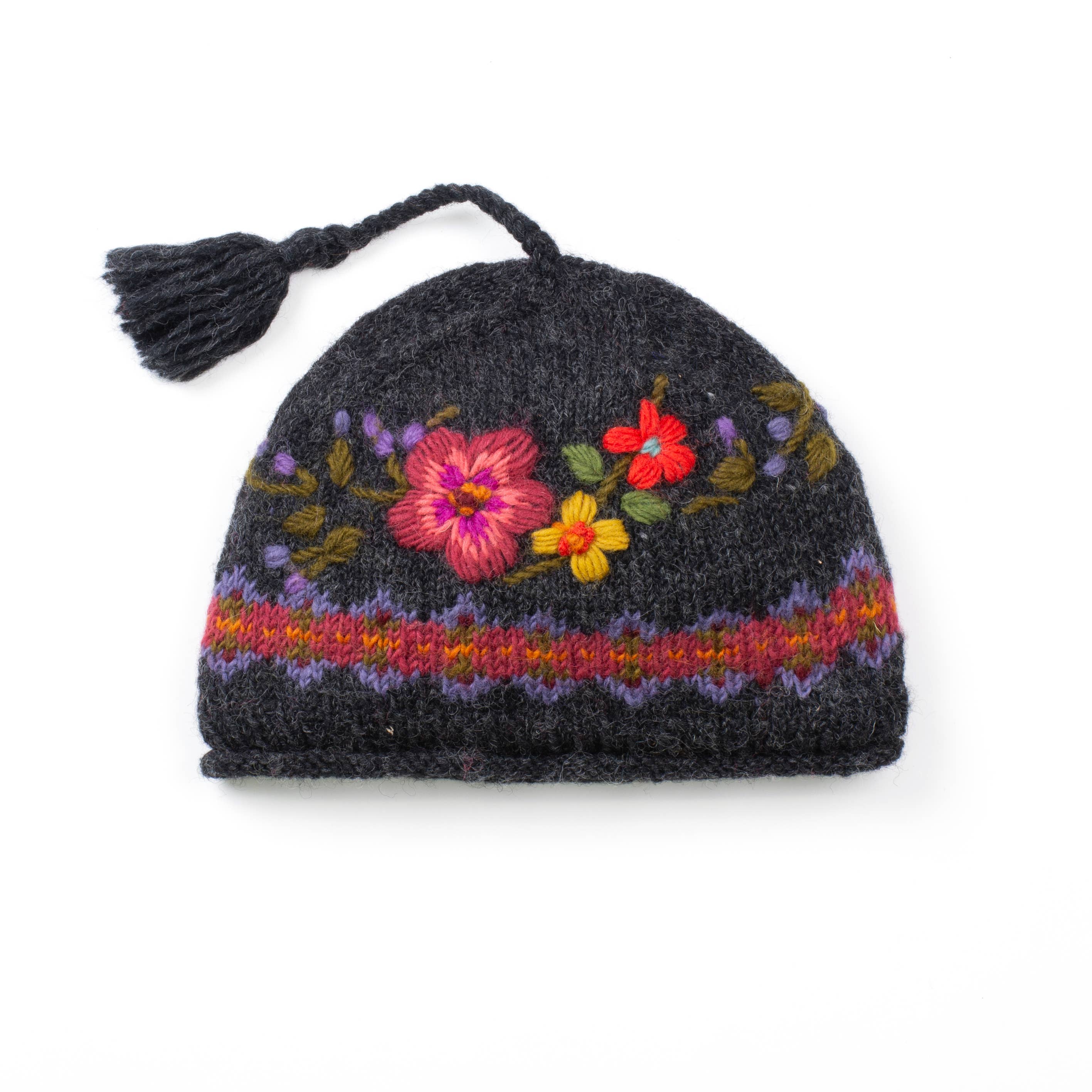 Wildflower Embroidered Wool Beanie Hat