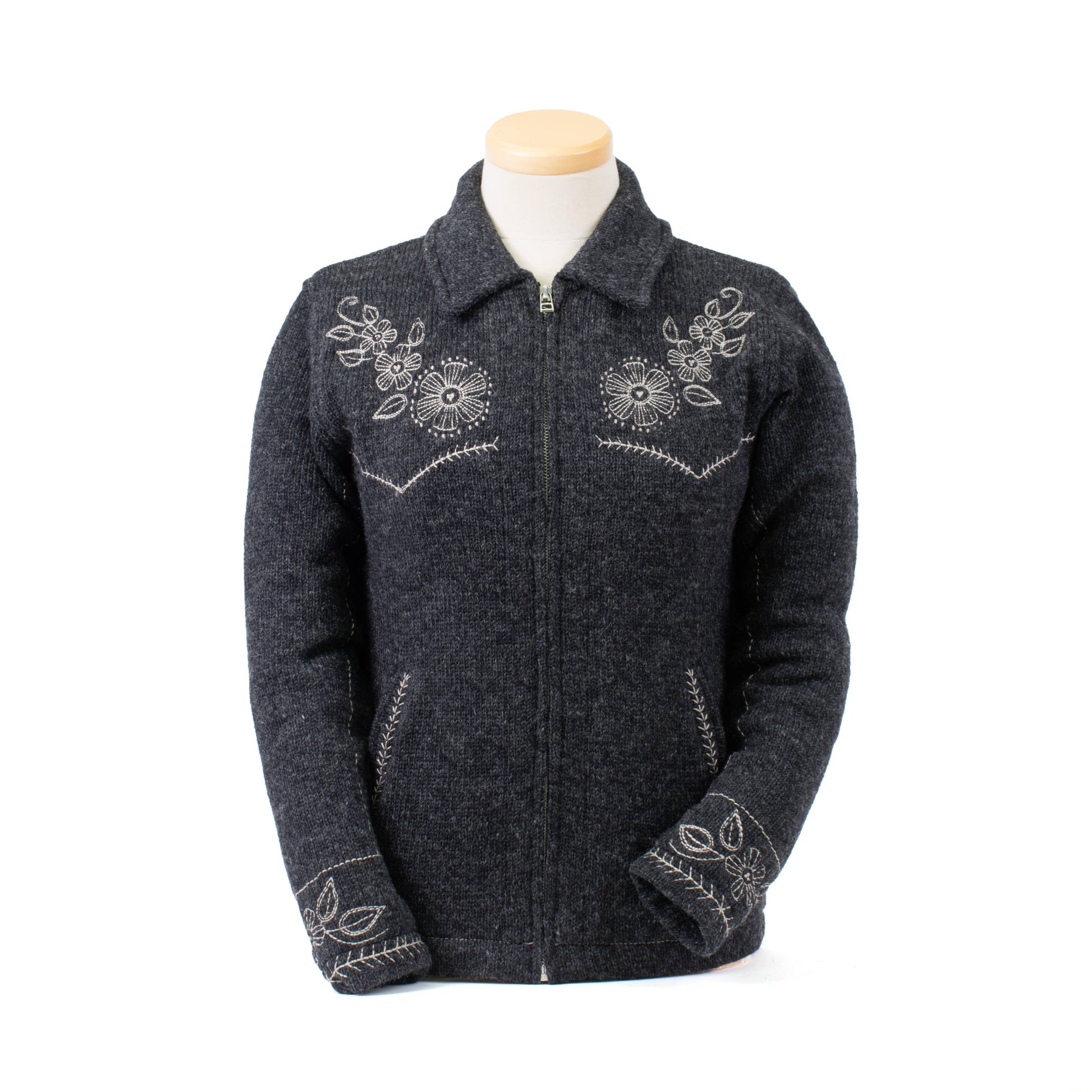 Faith Floral Stitch Wool Zip Sweater