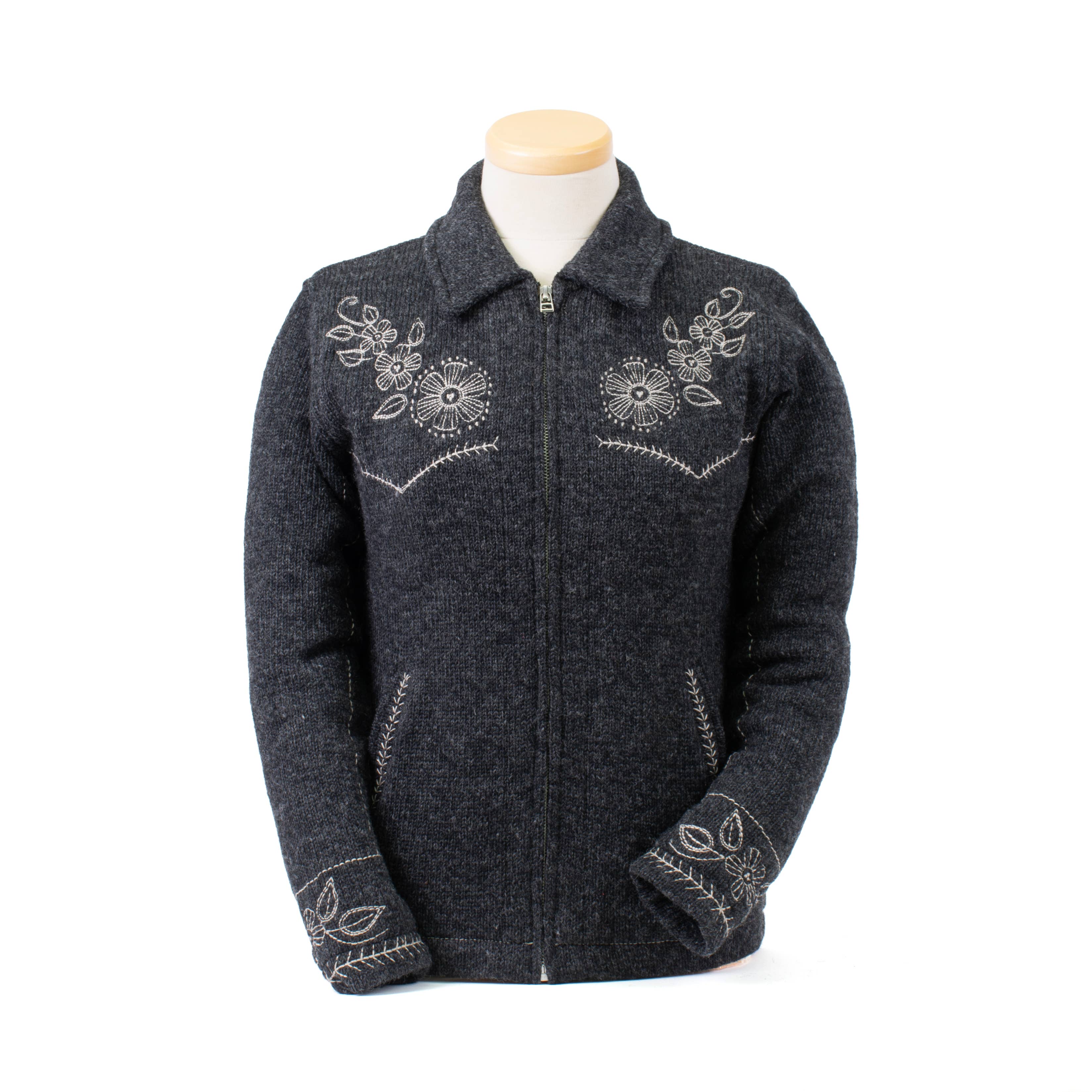 Faith Floral Stitch Wool Zip Sweater