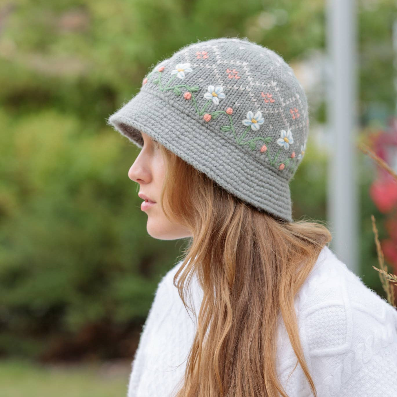 Emma Embroidered Wool Bucket Hat with Crochet Brim