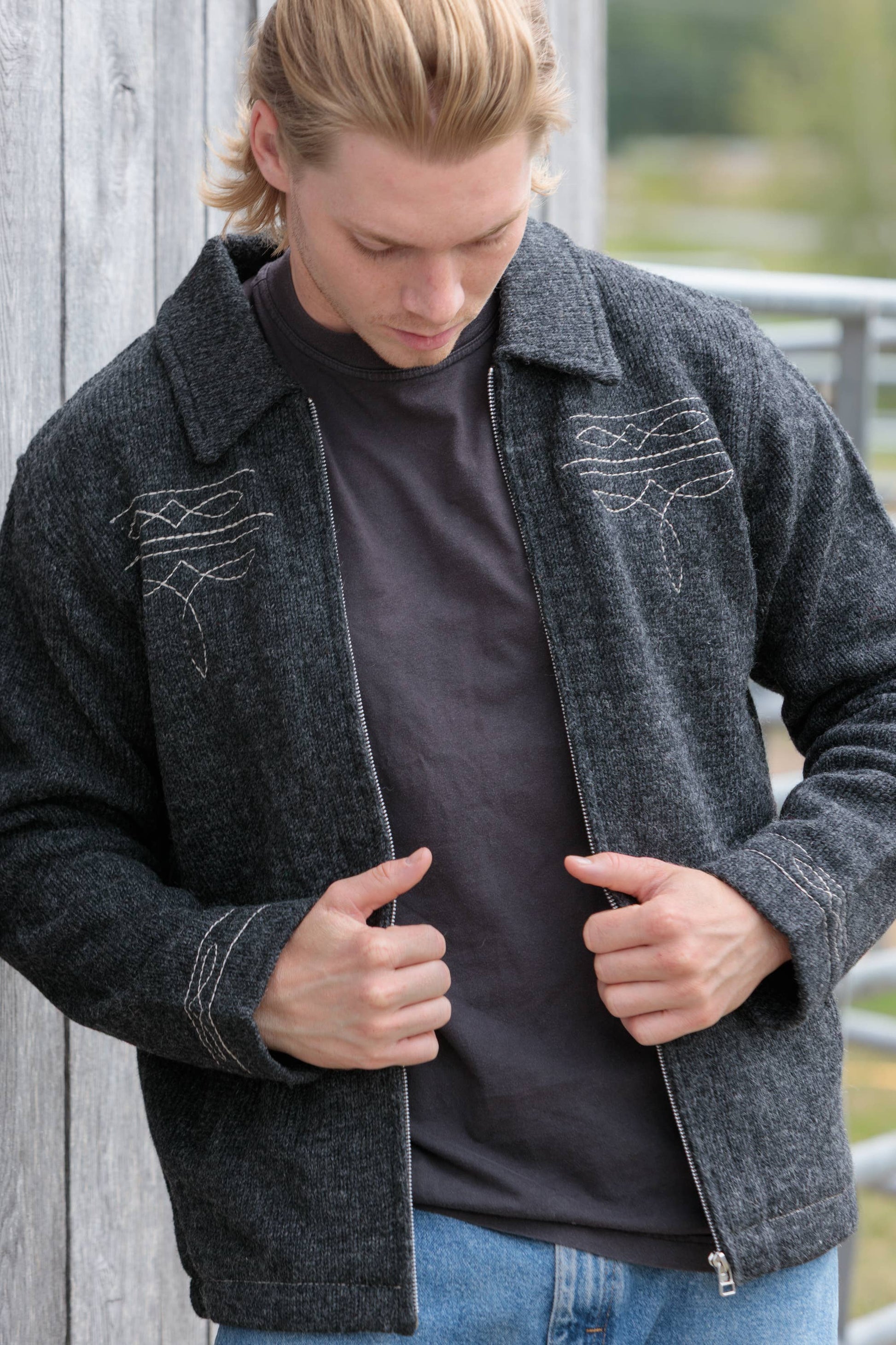 Rider Wool Zip Jacket with Boot Stitch Detail