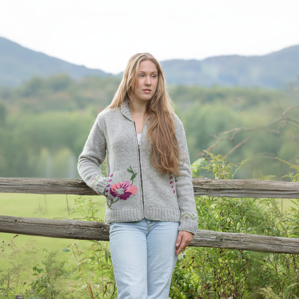 Amber Floral Embroidered Wool Zip Sweater