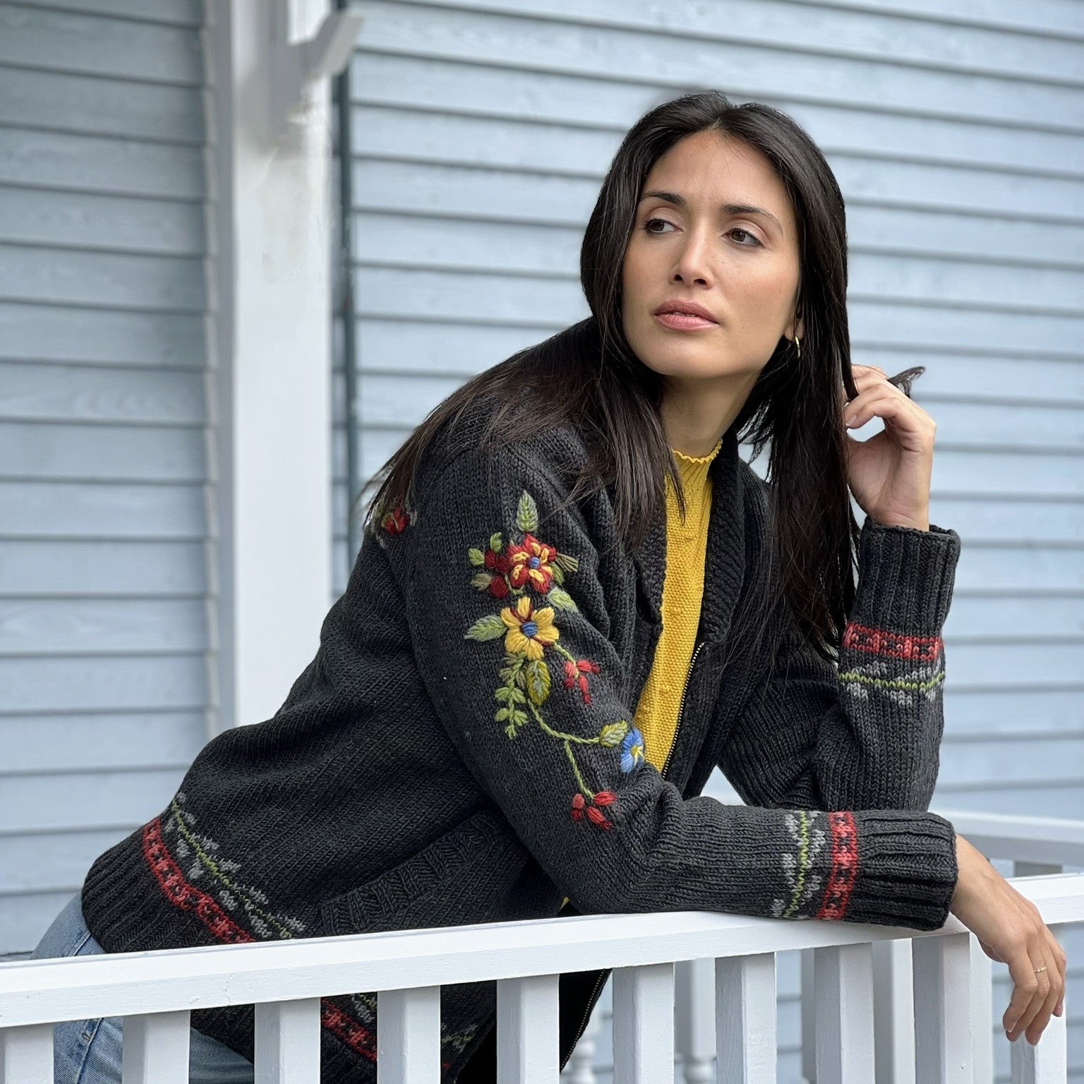 SDL45R★★45rpm 45R ウールボーダーニットパーカーR刺繍 Hartley Sweater/Coat - Floral Deer Motif, Hand-Embroidered Details