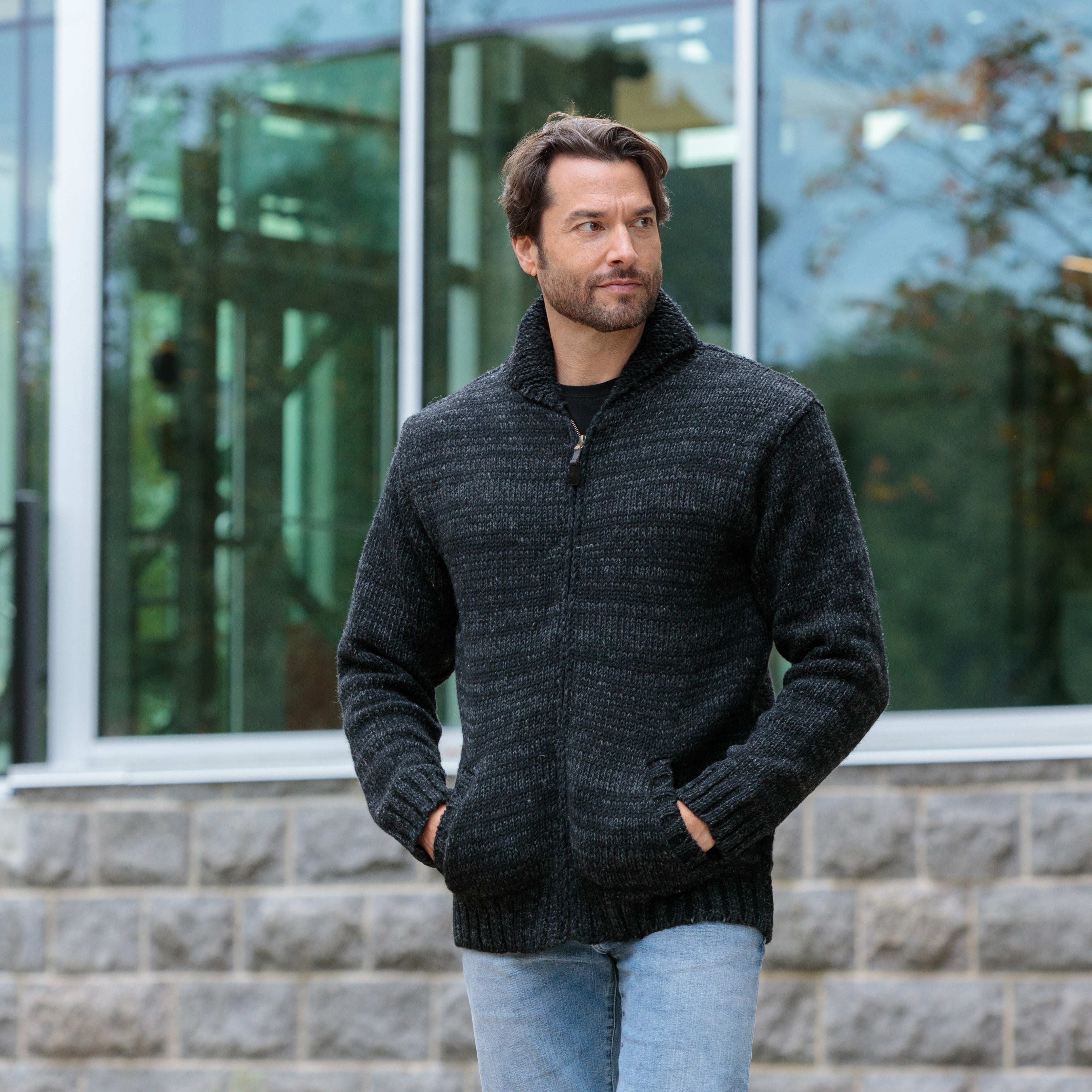 Lodge Hand Crafted Wool Sweater – Shawl Collar Zip Jacket – Lost