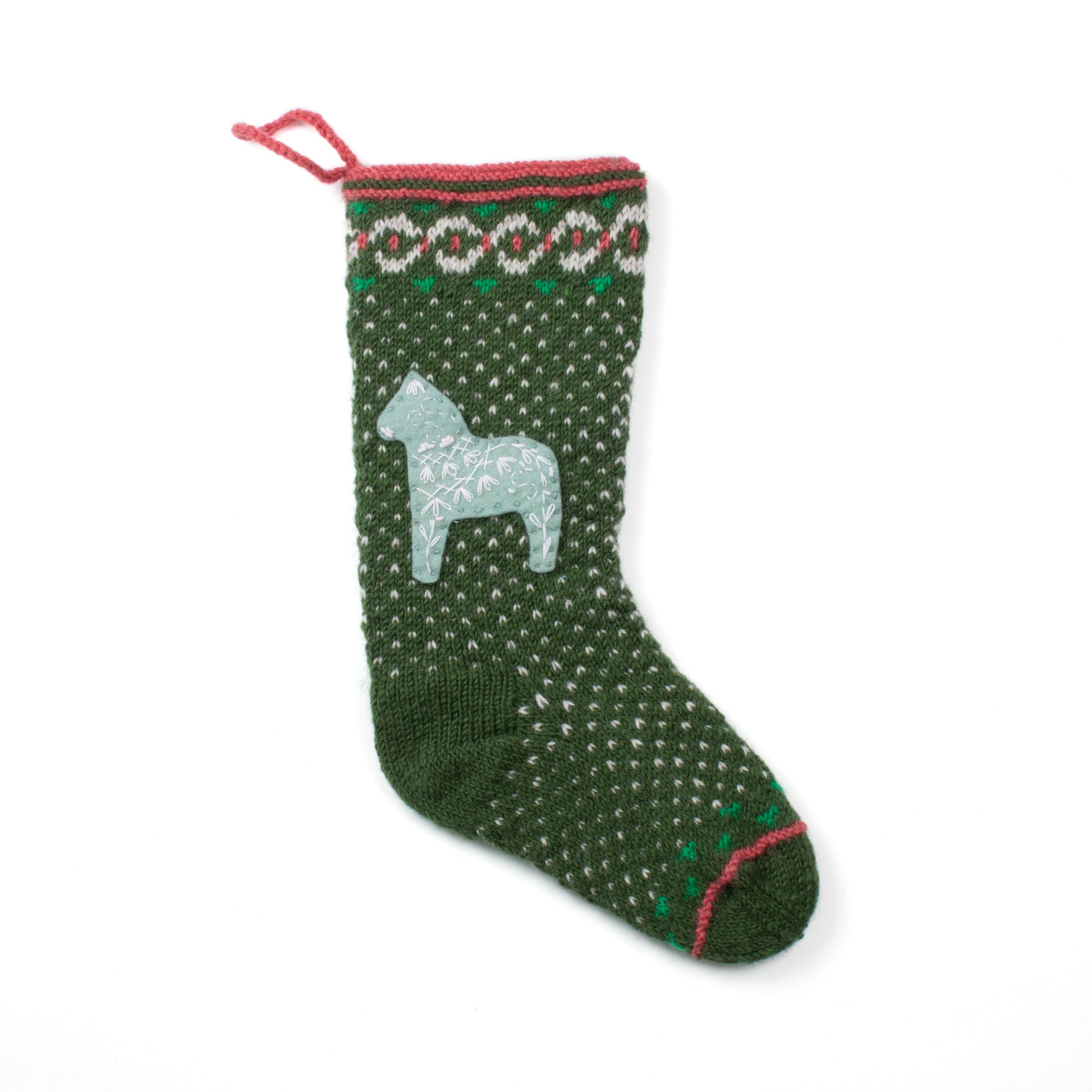 Hand-knit wool Christmas stocking with Dala horse appliqué, handmade in Nepal, Fair Trade.