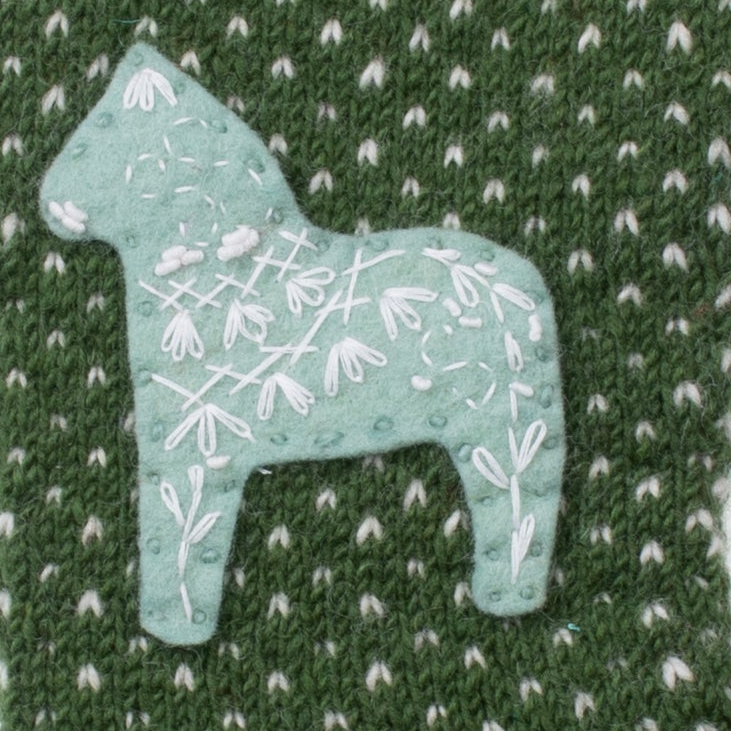 Hand-knit wool Christmas stocking with Dala horse appliqué, handmade in Nepal, Fair Trade.