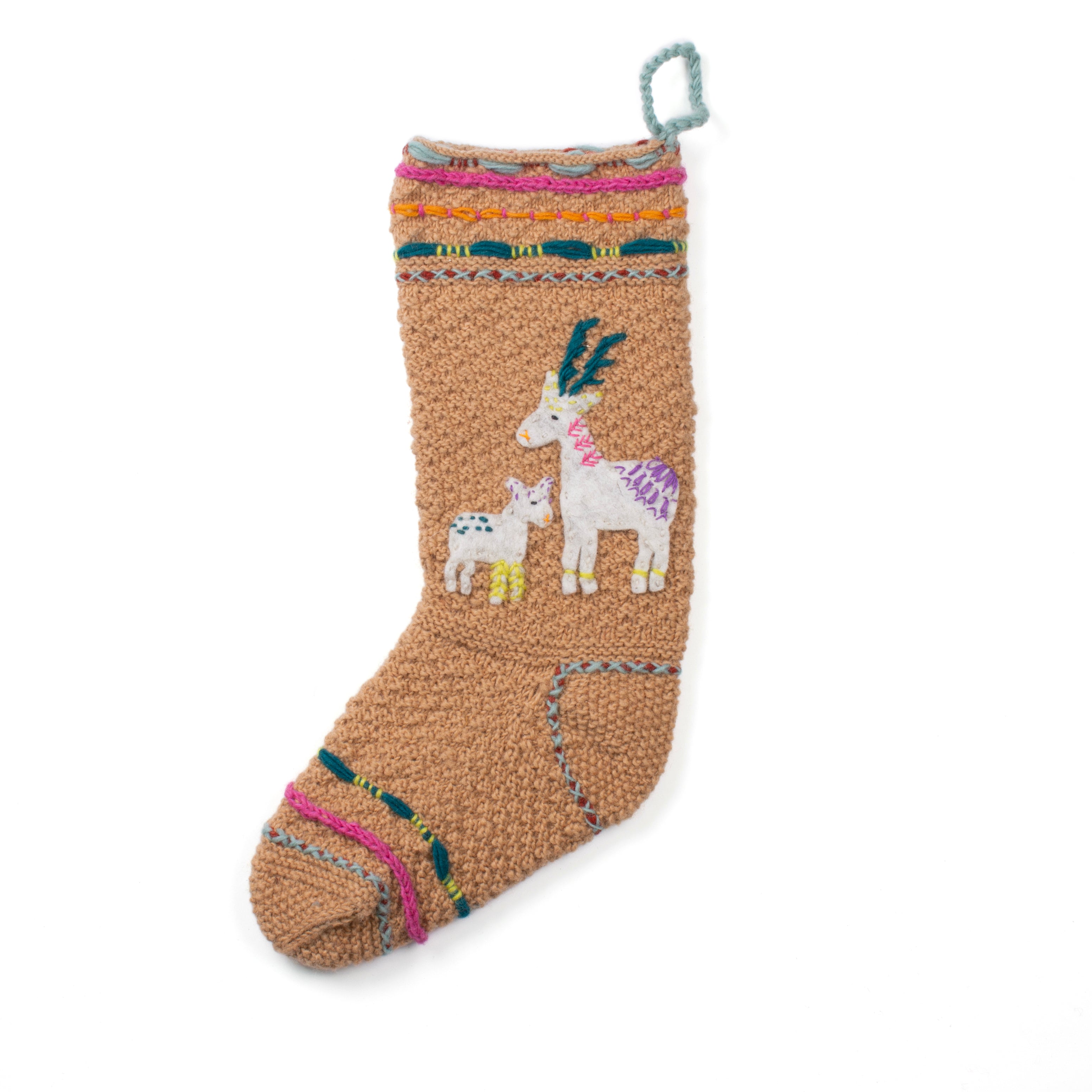 Hand-knit wool Christmas stocking with deer and fawn motif, Fair Trade and handmade in Nepal.