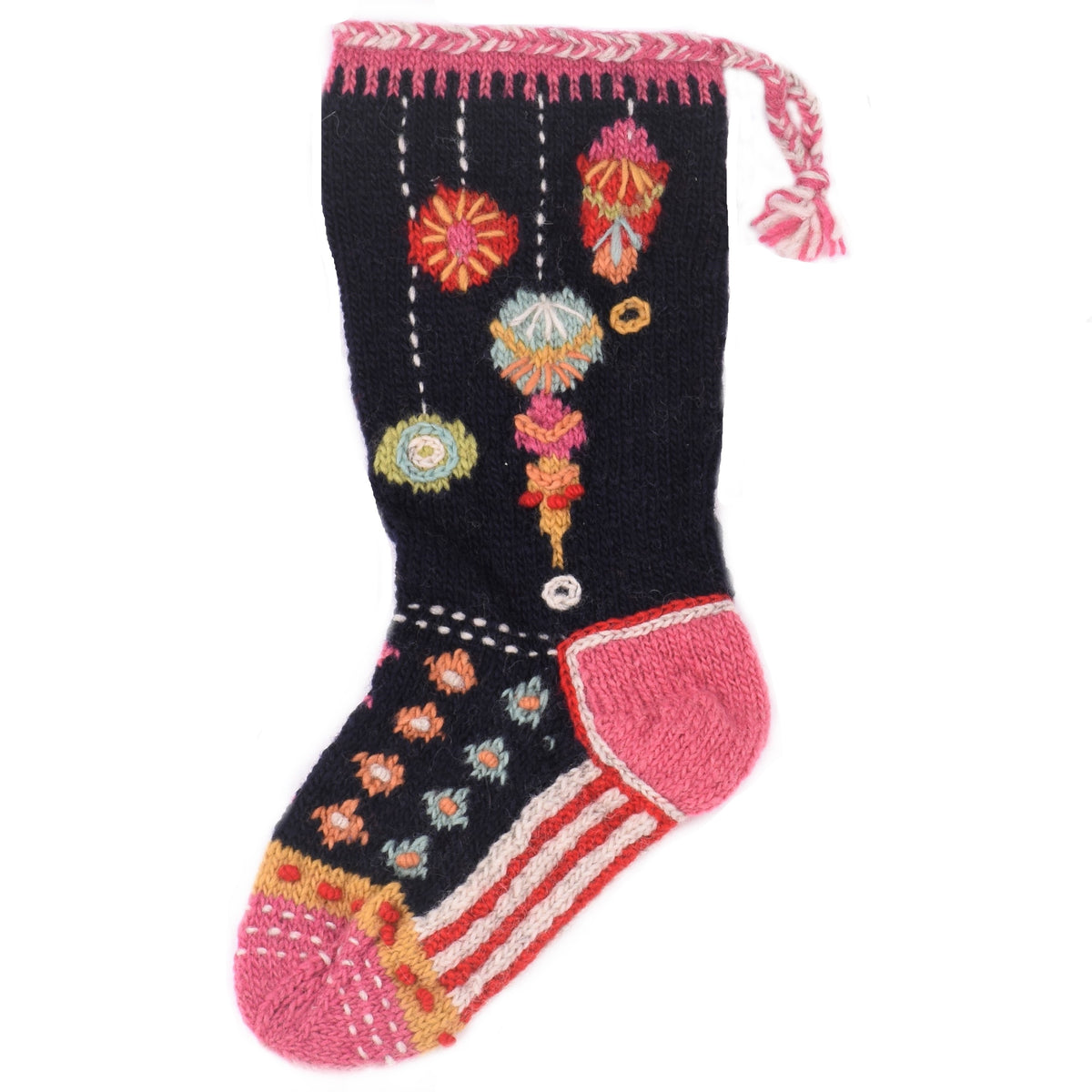 A hand-knit Christmas stocking featuring a navy blue body with colorful embroidered ornaments, pink toe and cuff, and red and white stripes on the foot, shown against a plain white background.