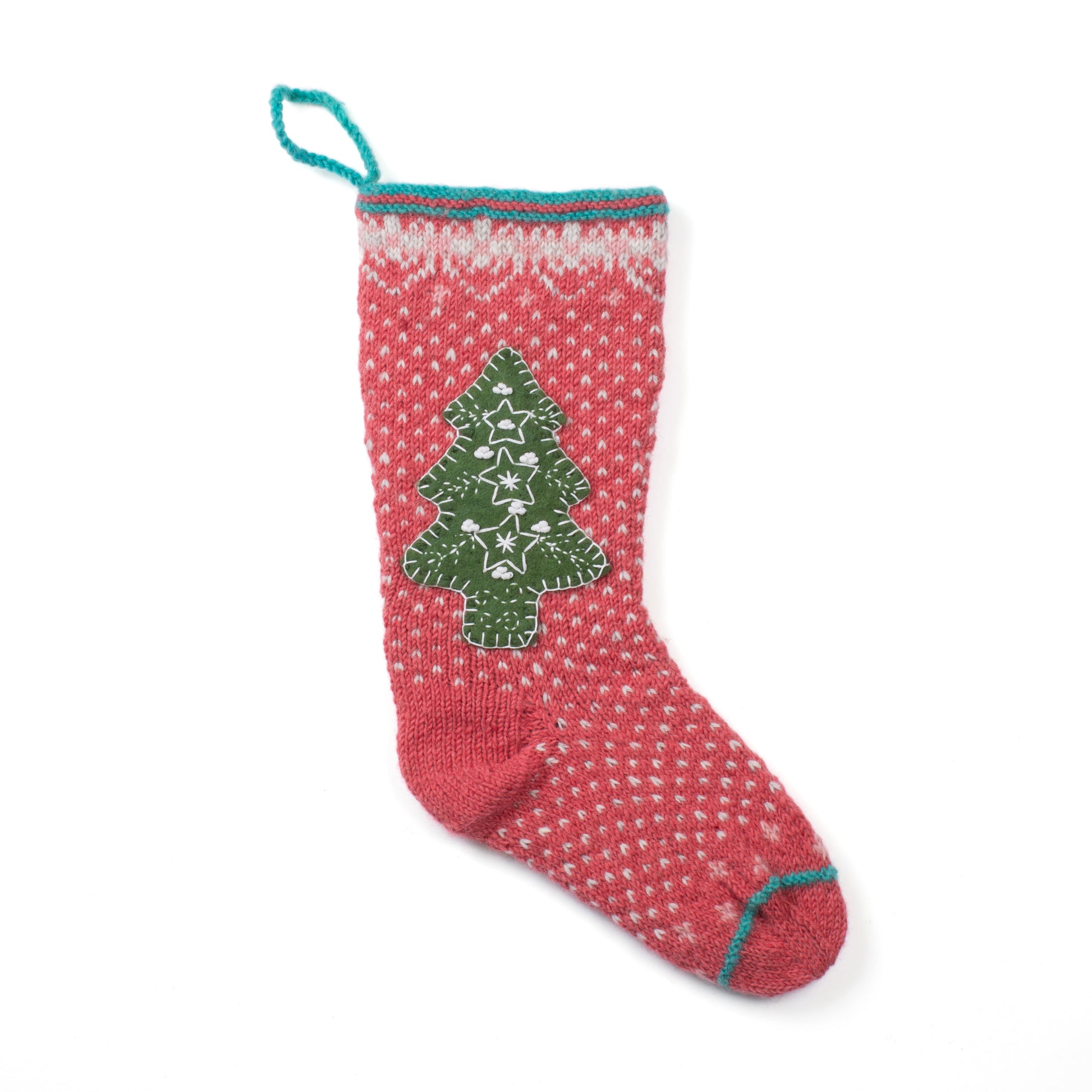 Hand-knit wool Christmas stocking with Dala horse appliqué, handmade in Nepal, Fair Trade.