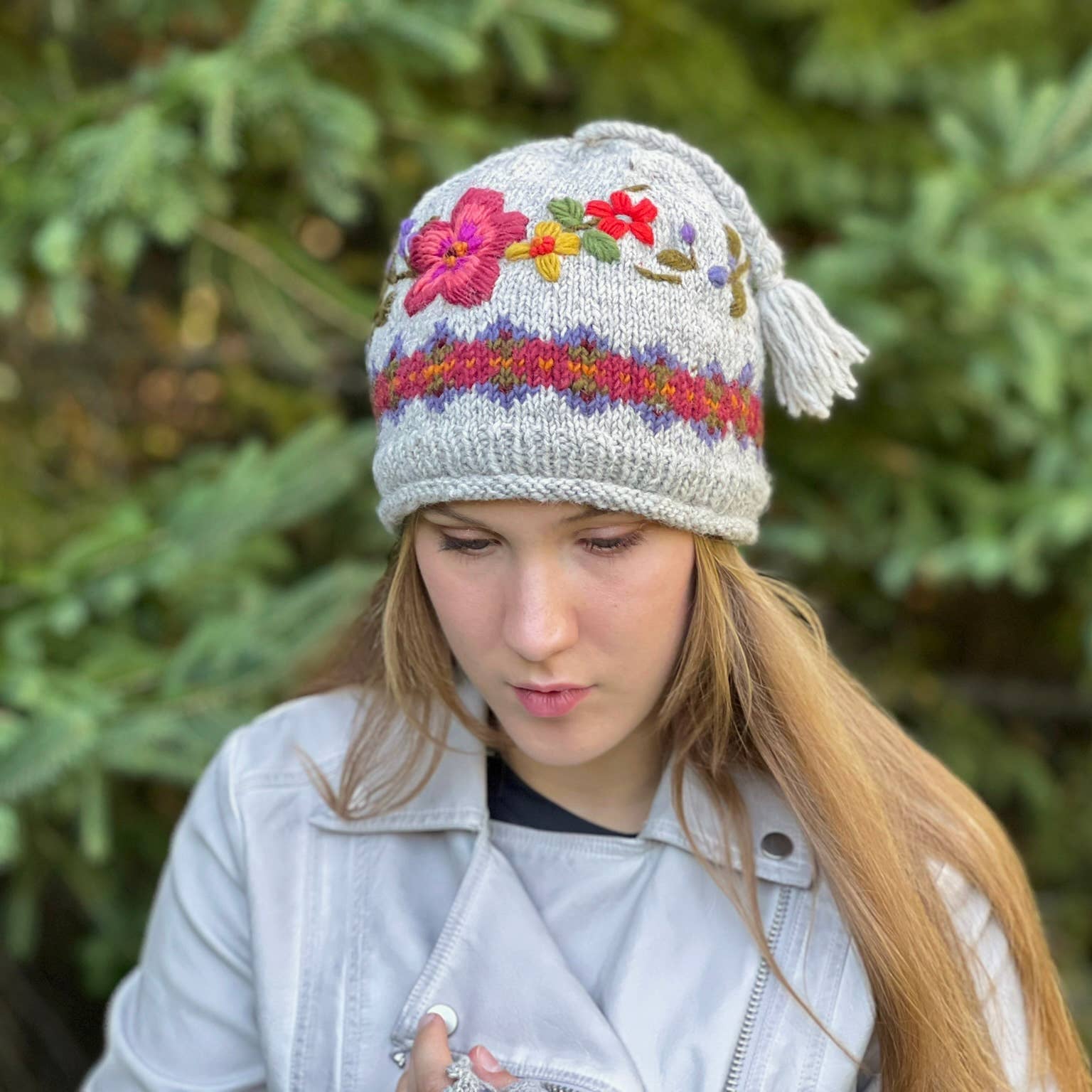 Wildflower Embroidered Wool Beanie Hat