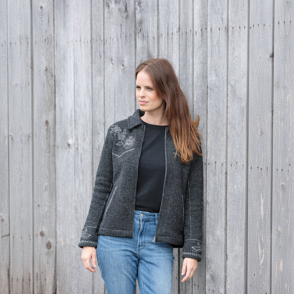 Faith Floral Stitch Wool Zip Sweater