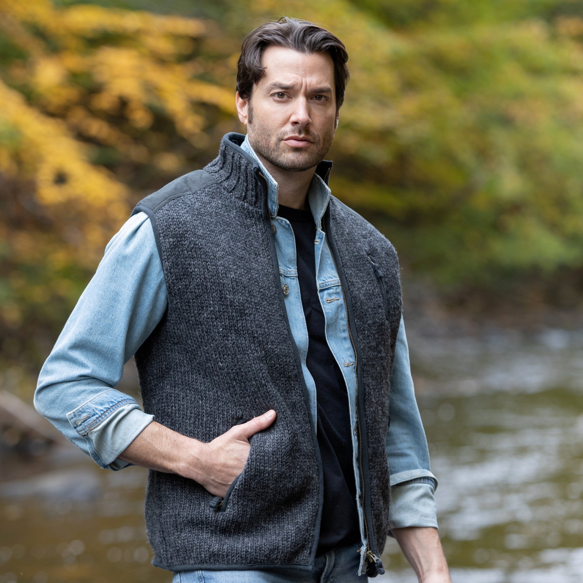 Yale Vest – Wool Vest with Fleece Lining & Faux Suede Shoulder