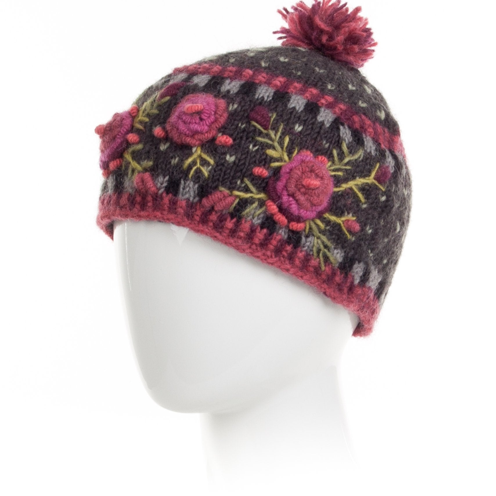 Aubrey Beanie - Wool Floral Knit Winter Hat with Two-Tone Pompom